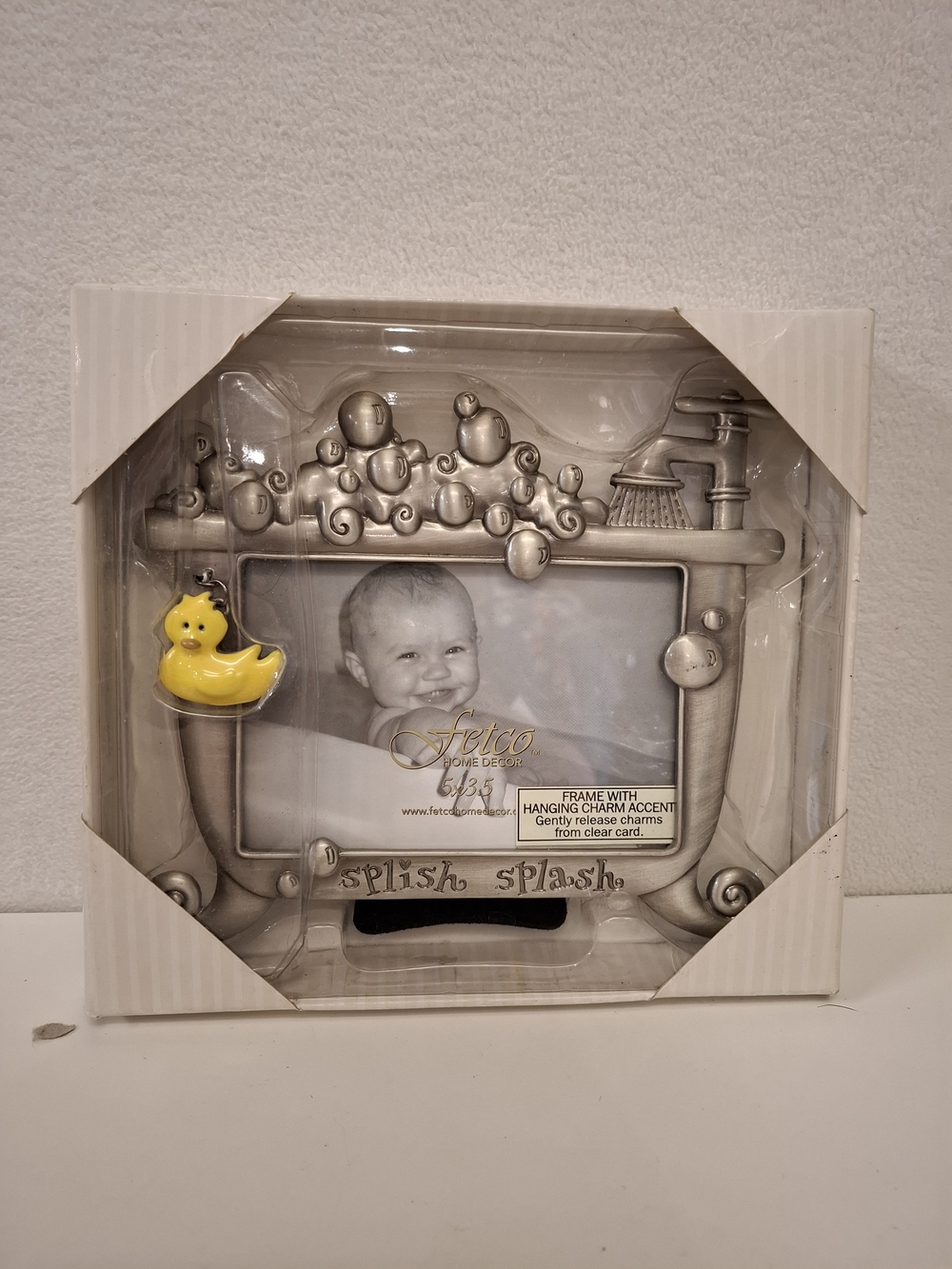 Fetco Vintage Silver Baby Bath Photo Frame with Yellow Duck Accent